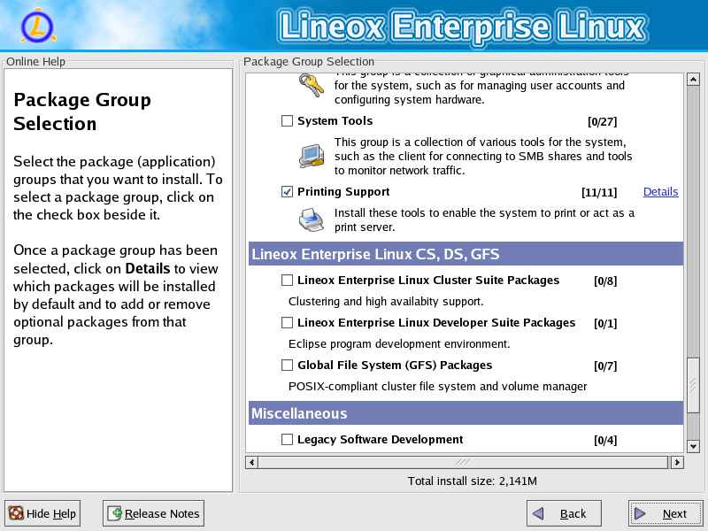 Always Current Lineox Enterprise
Linuxin asennusohjelma, asennettavien pakettiryhmien valinta